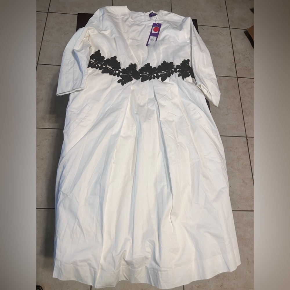 White Midi Dress with Black Floral Waist Accent